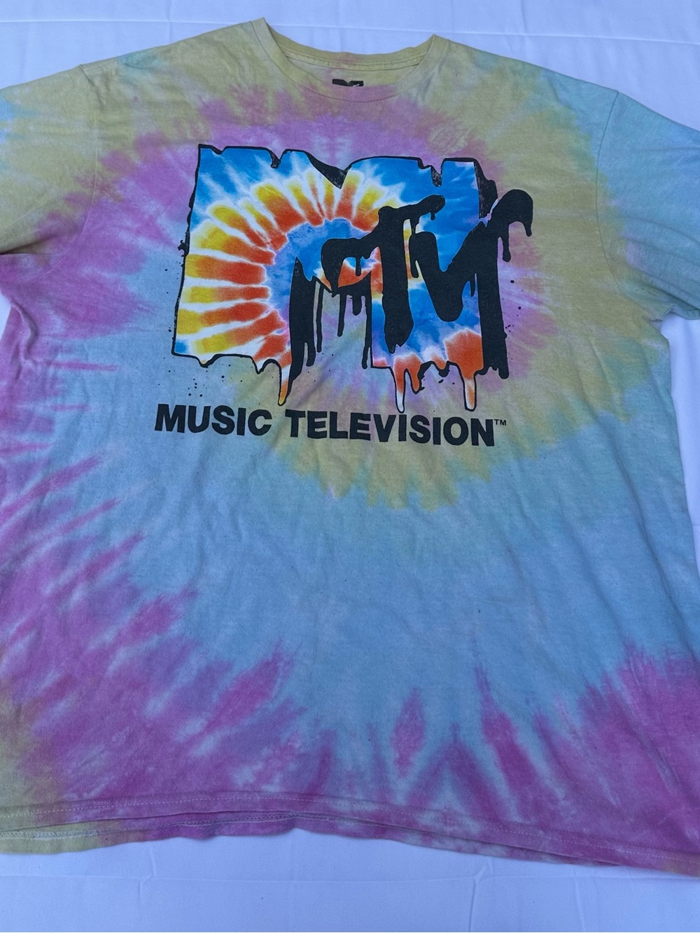 MTV Tie-Dye Crewneck Tee in Yellow, Pink, Blue